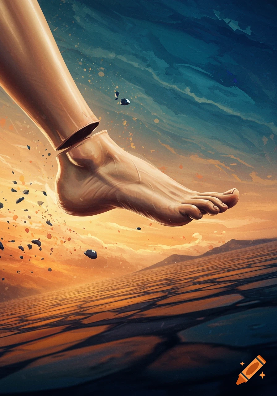 A severed foot falls into a desert landscape, breaking into stones. Digital art.