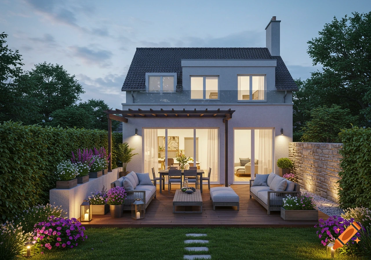 Luxurious backyard patio with outdoor furniture, lighting, garden, and house at dusk.