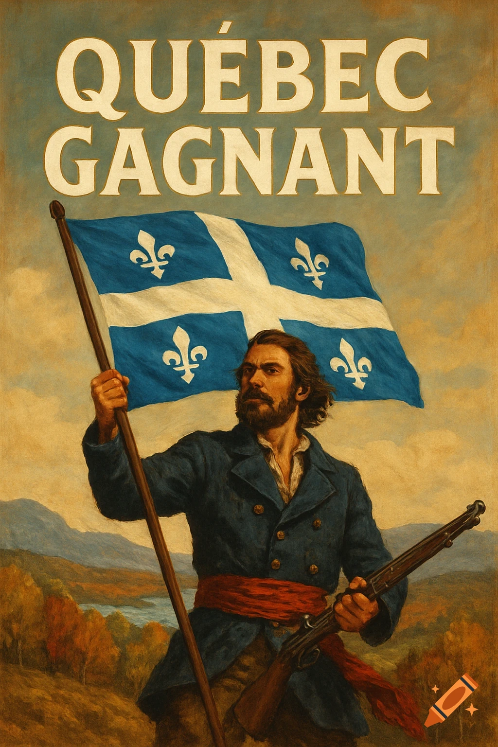 A man in historical clothing holds a Quebec flag and a rifle against a landscape background, with the text "QUÉBEC GAGNANT" above.