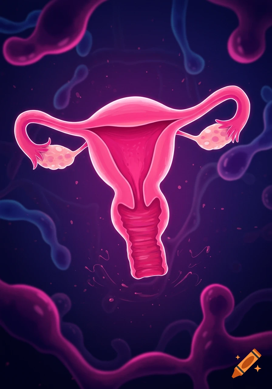 A vibrant pink illustration of a uterus and ovaries with glowing outlines, surrounded by abstract organic shapes on a dark background.