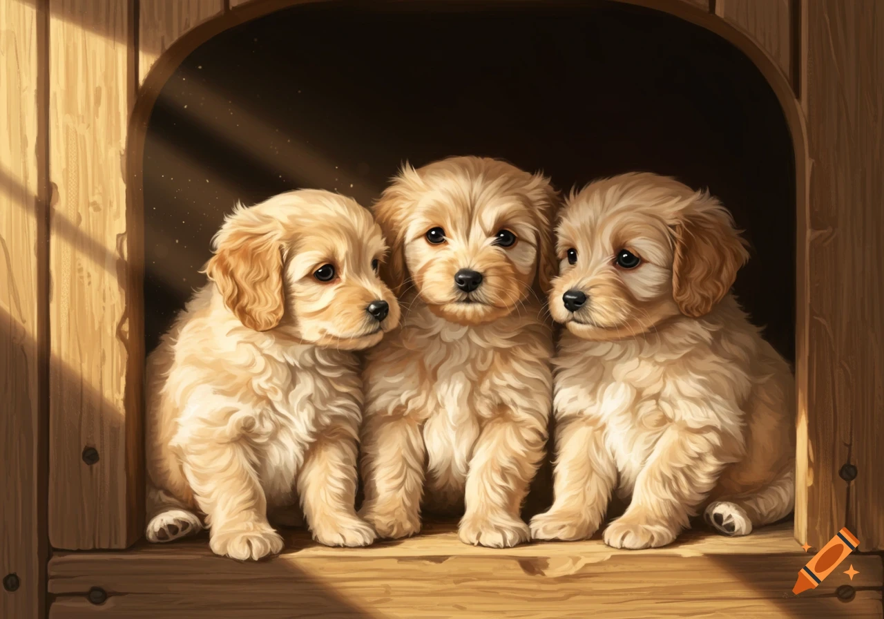 Three golden retriever puppies sit in a wooden opening