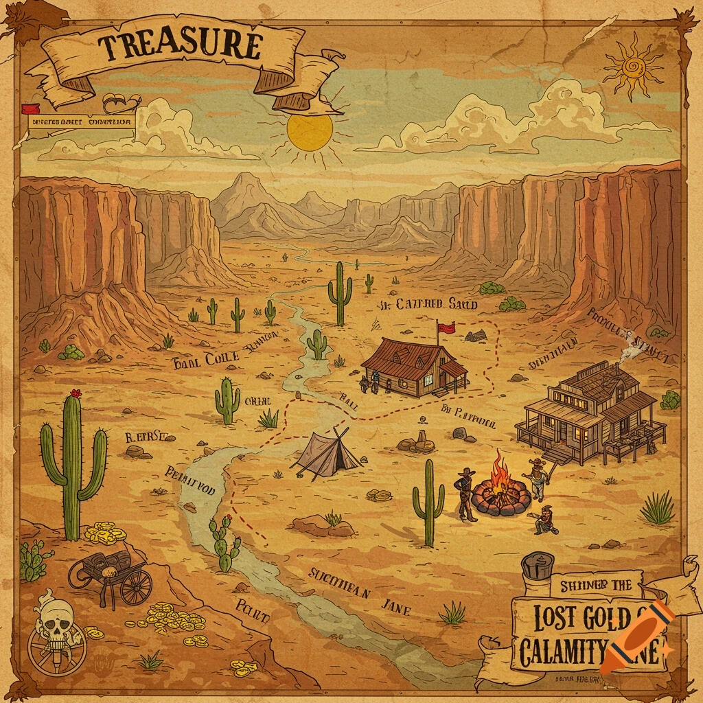 Cartoon illustration of a wild west treasure map showing canyons, cacti, buildings, a river path, and buried gold.
