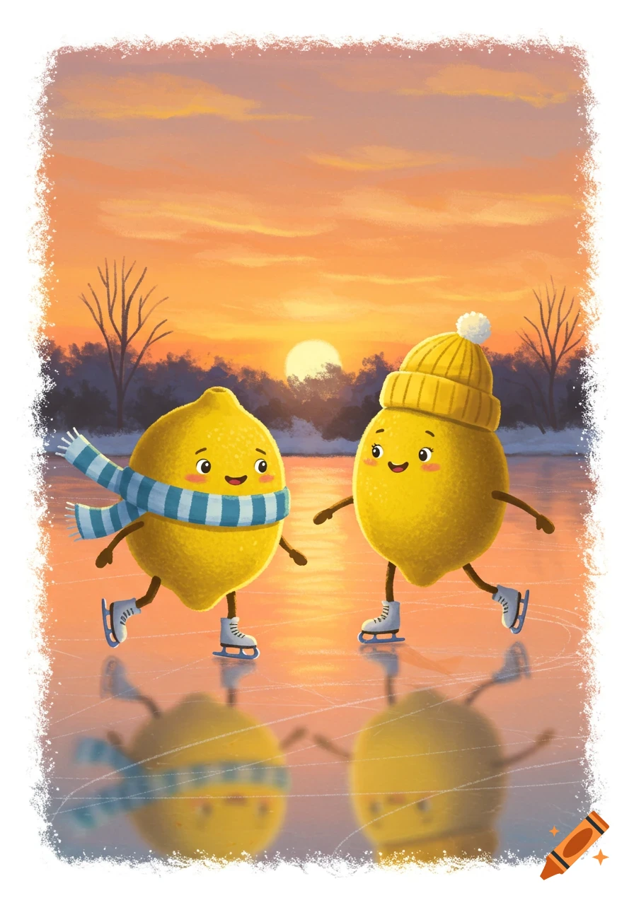 Two cartoon lemons ice skating on a frozen pond at sunset