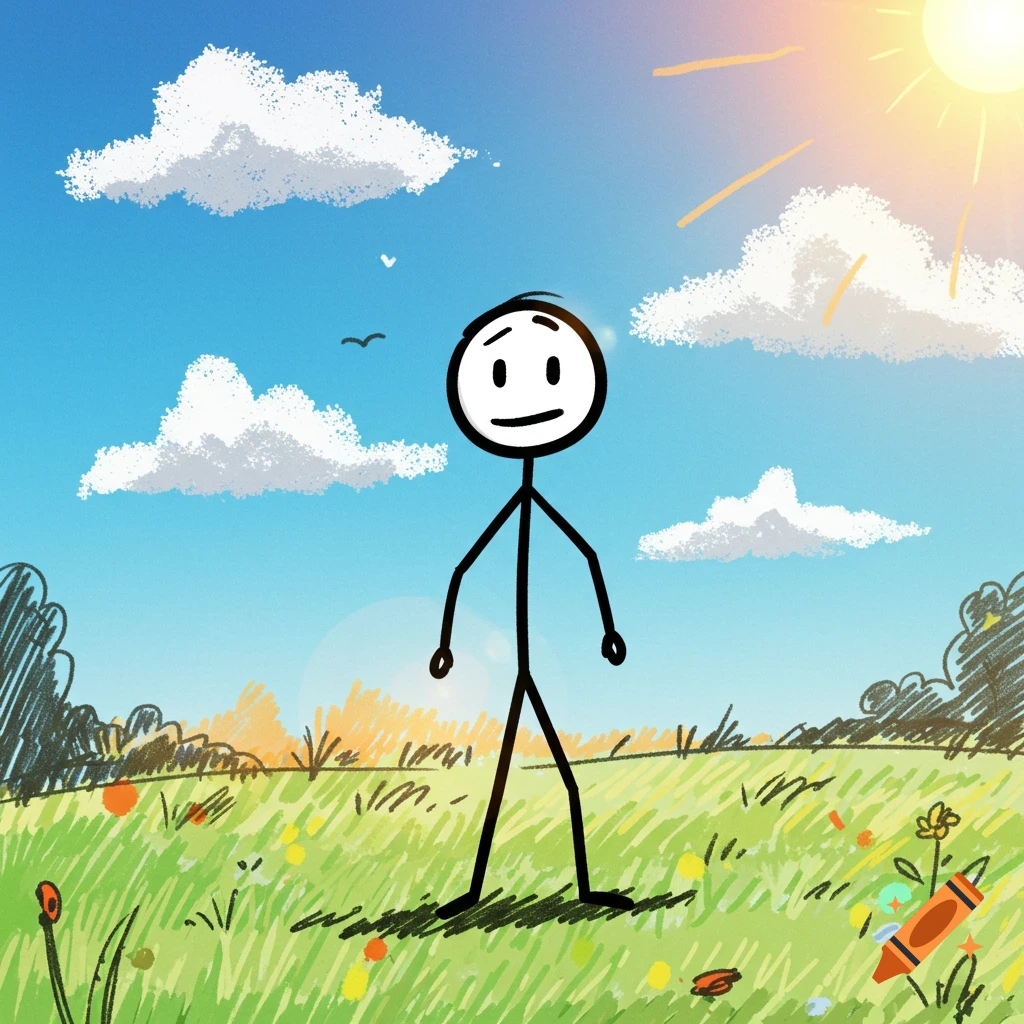 Hand-drawn stick figure standing in a sunny field with clouds.