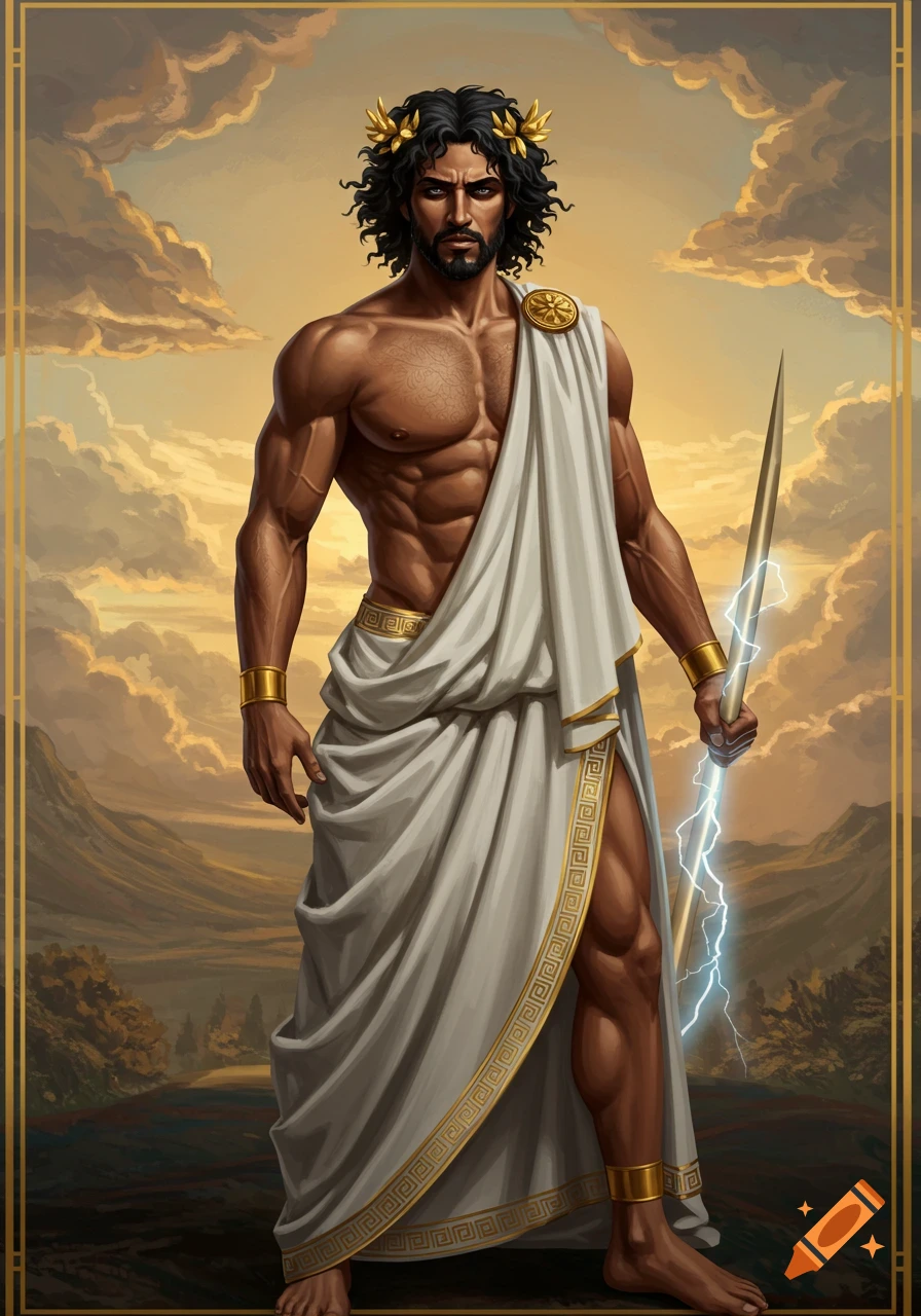 A muscular man in a toga, holding a lightning bolt, stands in a cloudy landscape, depicted in a fantasy art style.