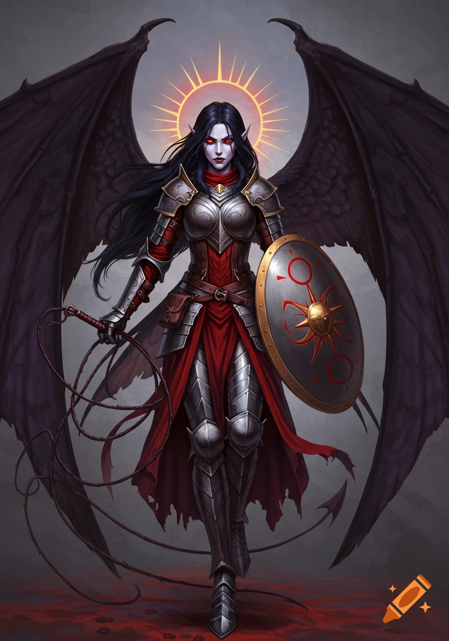 Female fantasy character with black wings, armor, red robes, whip, and shield.