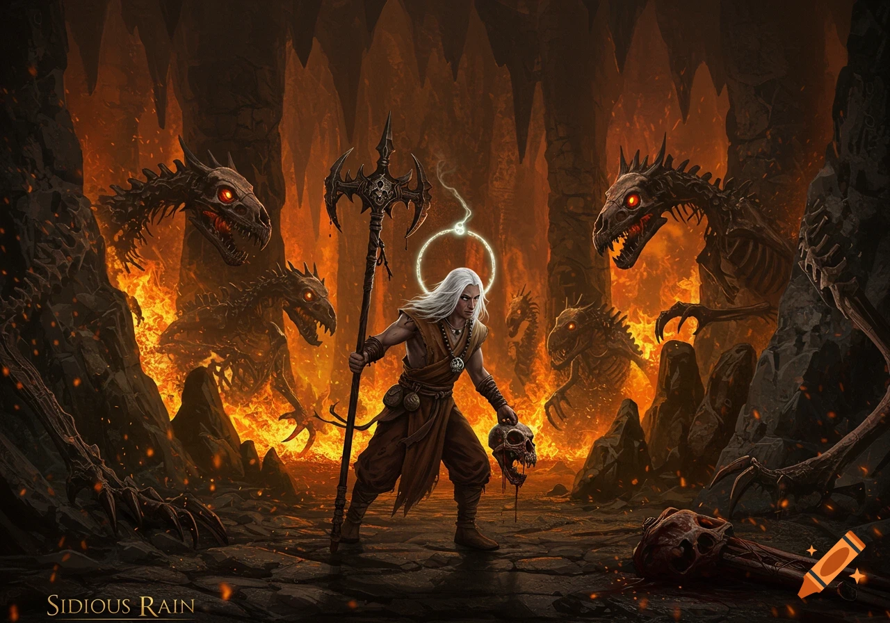Fantasy warrior holds a skull in a fiery dungeon with skeletal wyverns.