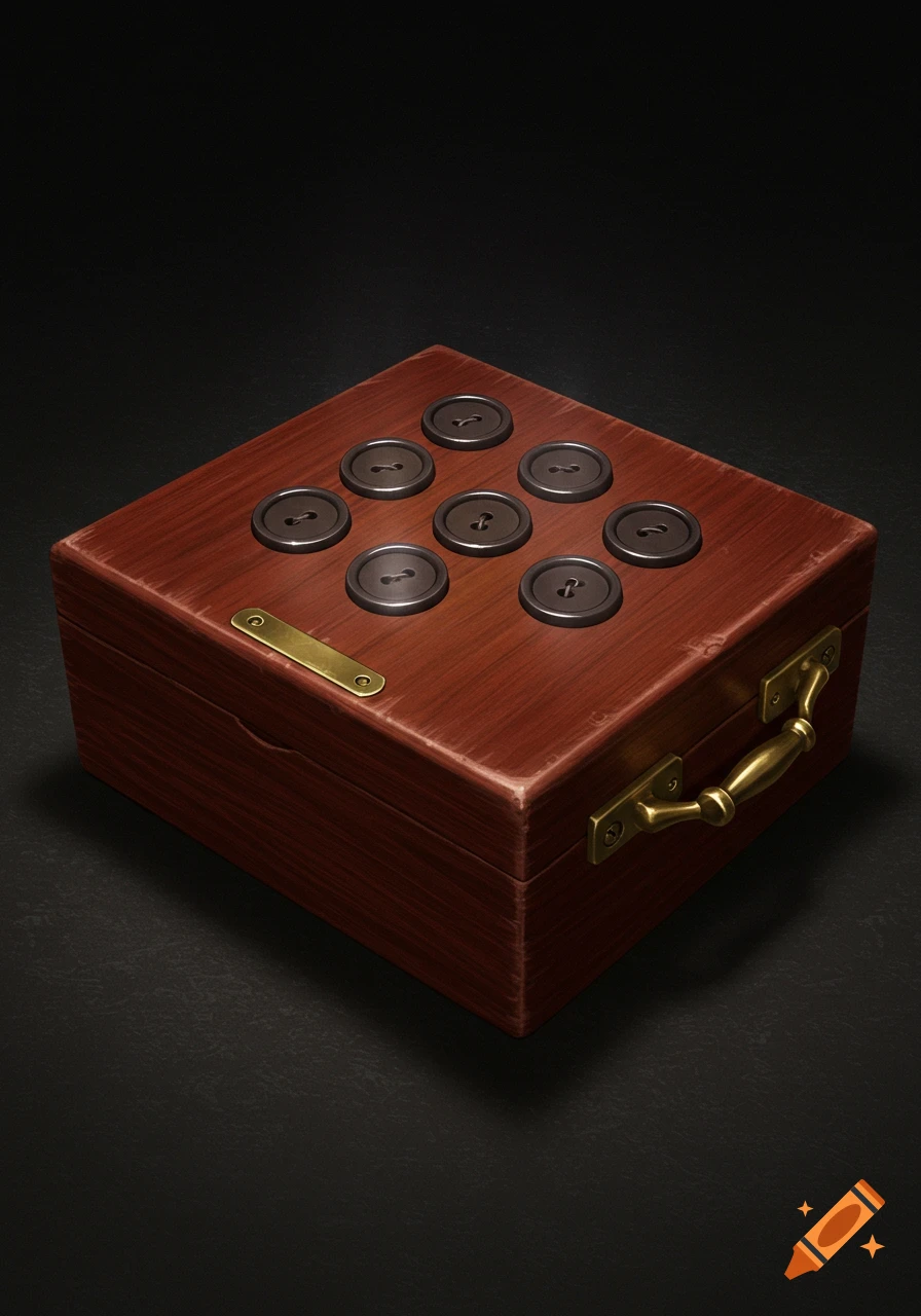 A wooden box with brass hardware and nine round buttons on top.