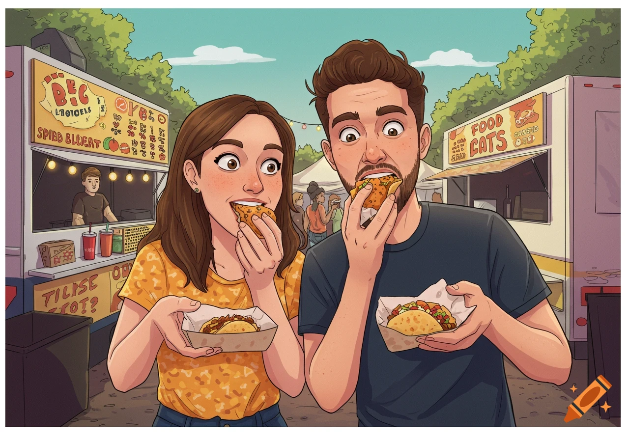 Illustration of a couple eating tacos at a food festival.