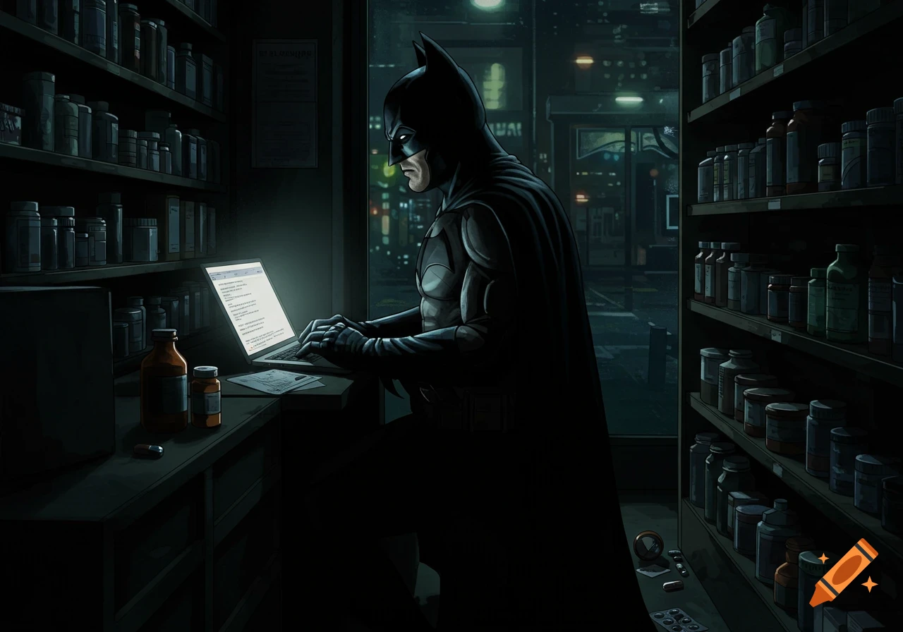 Batman types on a laptop at night in a dimly lit pharmacy, surrounded by shelves of bottles.