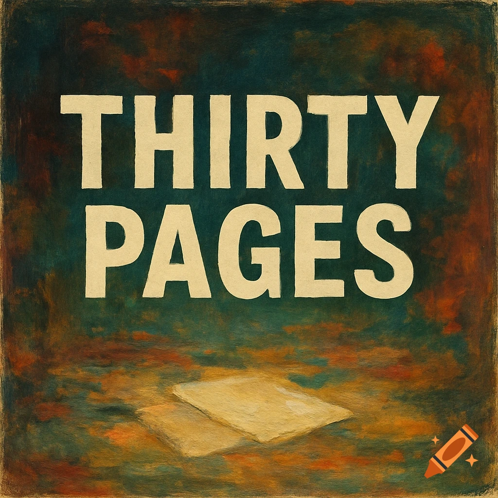 Album cover with text 'THIRTY PAGES' and paper, painterly style.