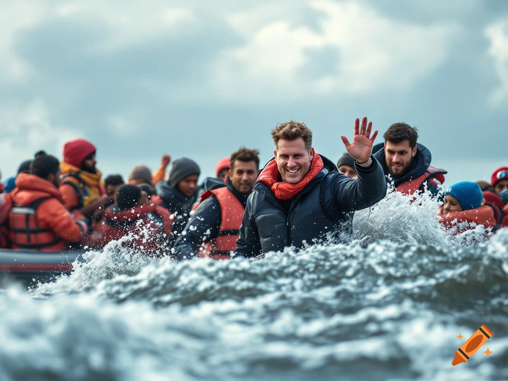 People in a boat wearing life vests on choppy water, one person waves