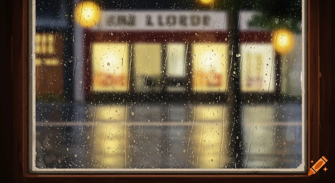 Rain streaks on a window looking out at a blurry cafe sign at night, lofi style.