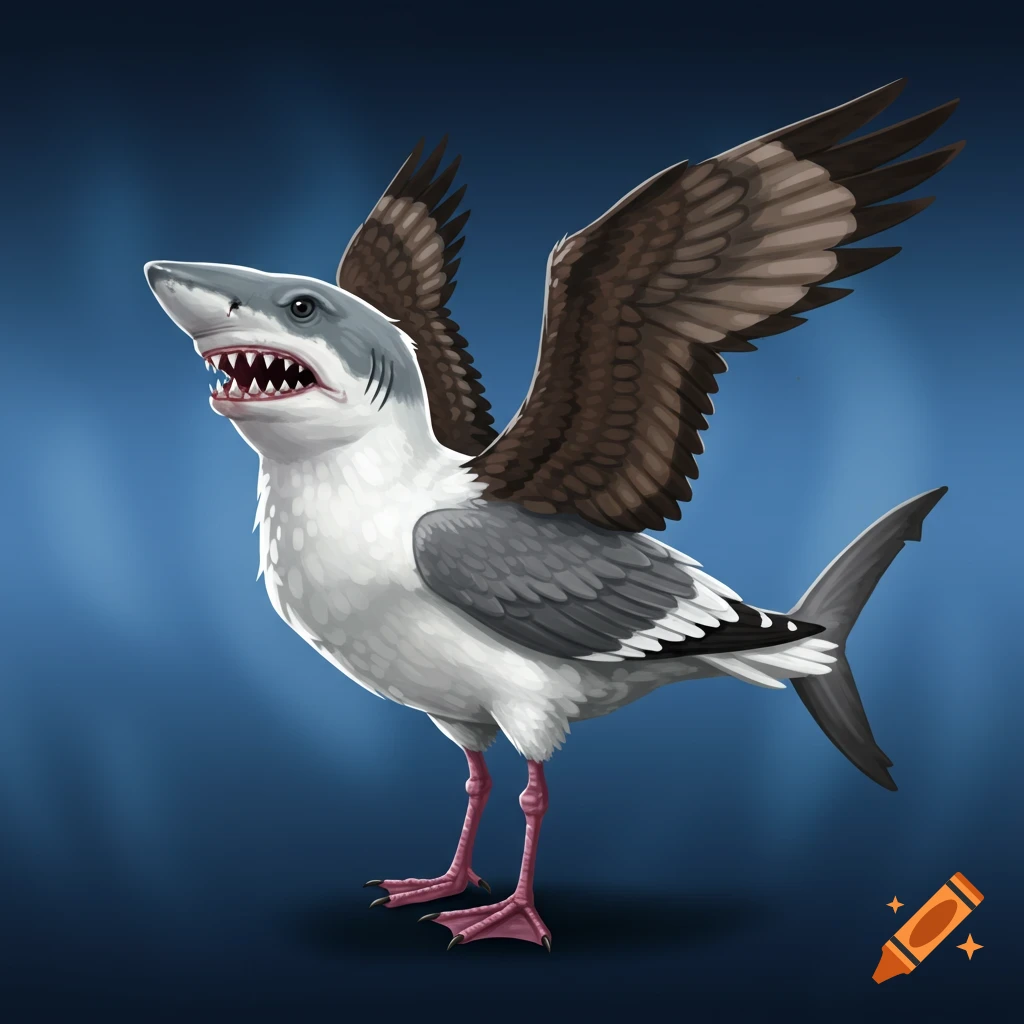 Illustration of a hybrid creature with a shark head, seagull body, eagle wings, and chicken feet.