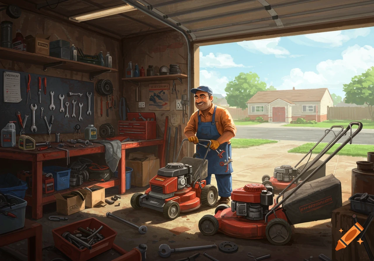 A man works on lawnmowers in a cluttered garage filled with tools.
