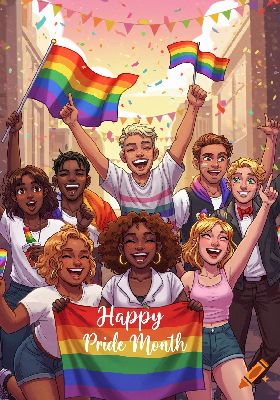 Diverse group of people celebrating Pride Month with rainbow flags and banner at a parade in a colorful illustration.