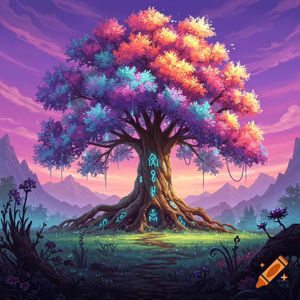 A vibrant, colorful fantasy tree with glowing runes on its trunk in a mystical landscape at sunset.
