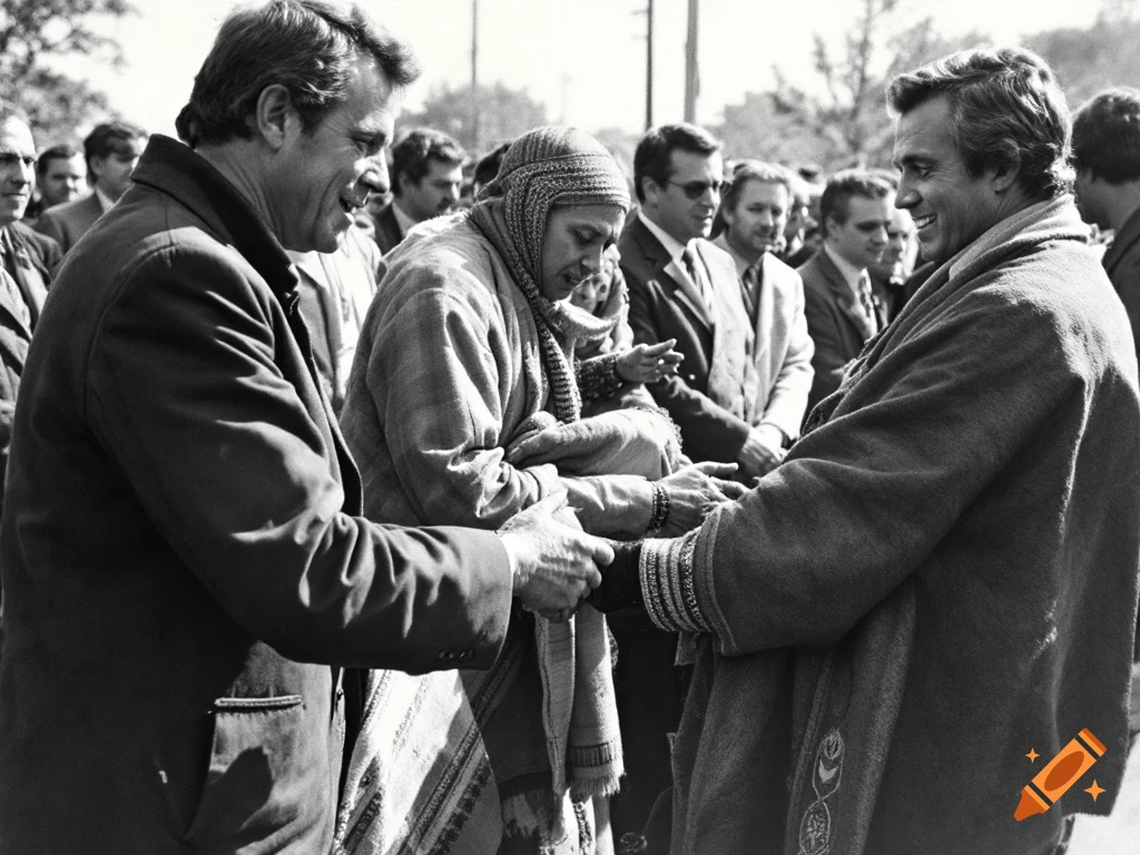 Black and white photo of two men shaking hands with a woman between them in a crowd.