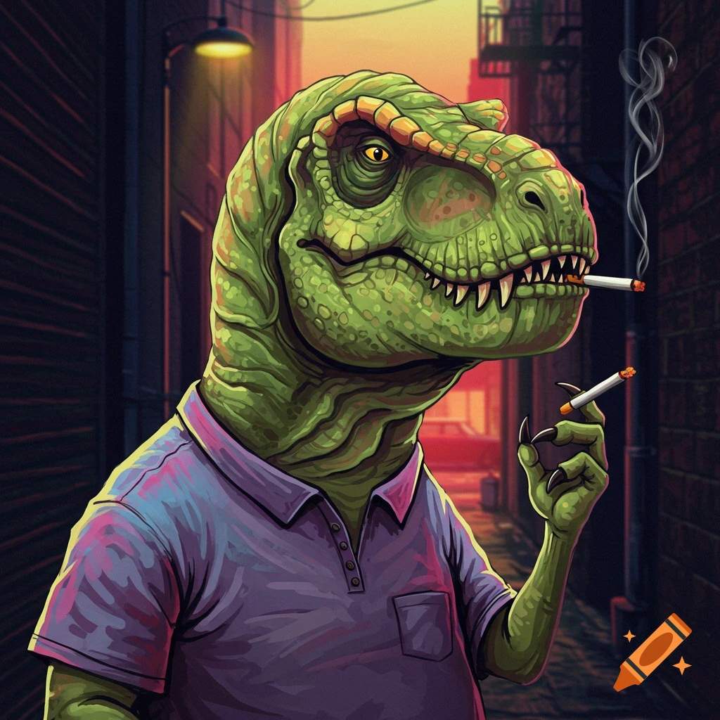 Illustration of a T-Rex in a polo shirt smoking cigarettes in a dark alley.