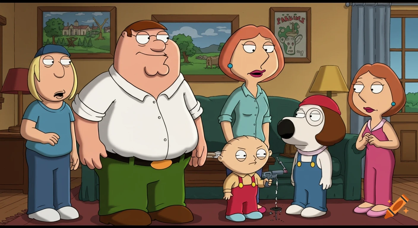 Family Guy characters Chris, Peter, Lois, Stewie, Brian, and Meg standing in a living room.