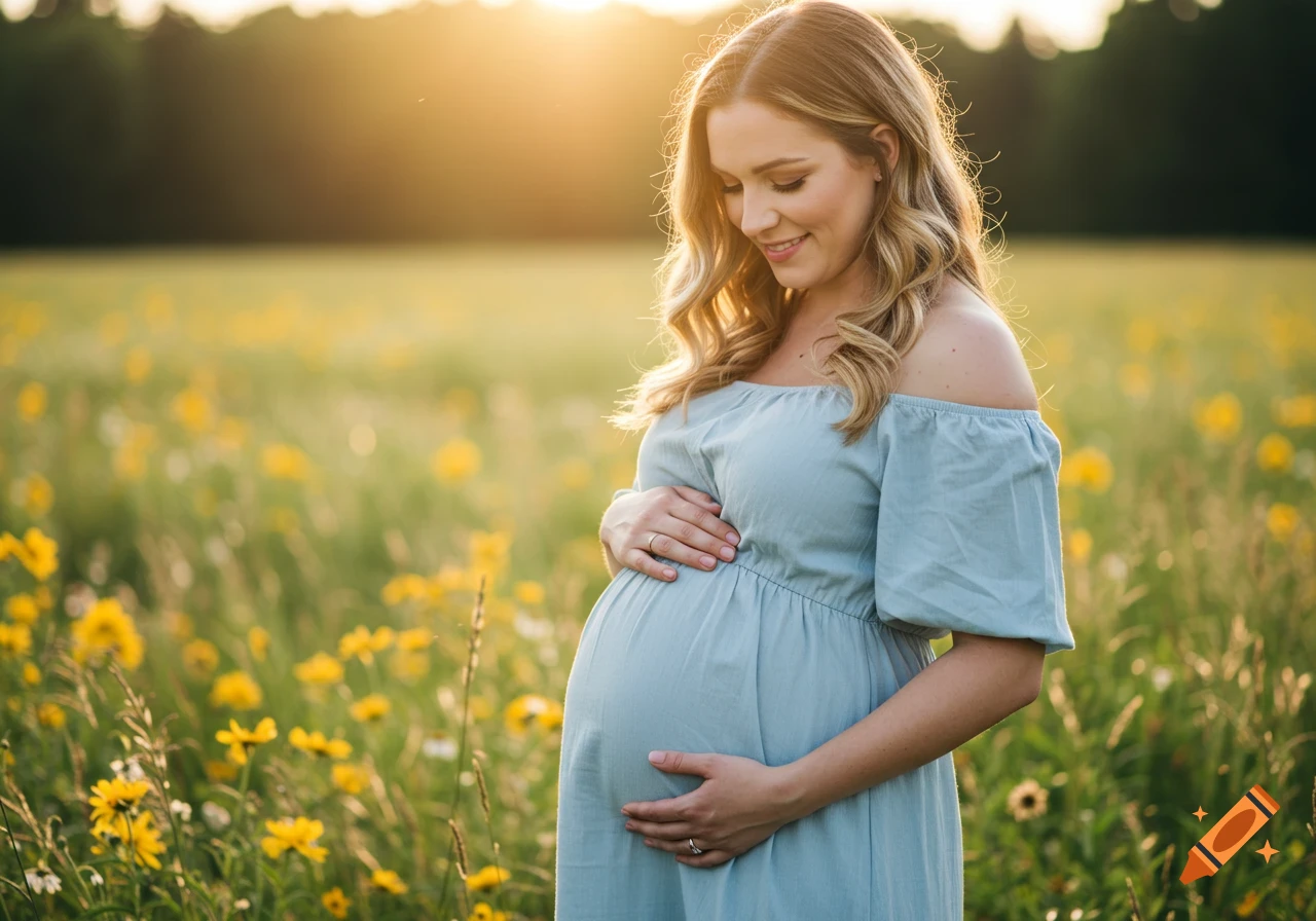 A pregnant woman stands in a field of yellow flowers during sunset