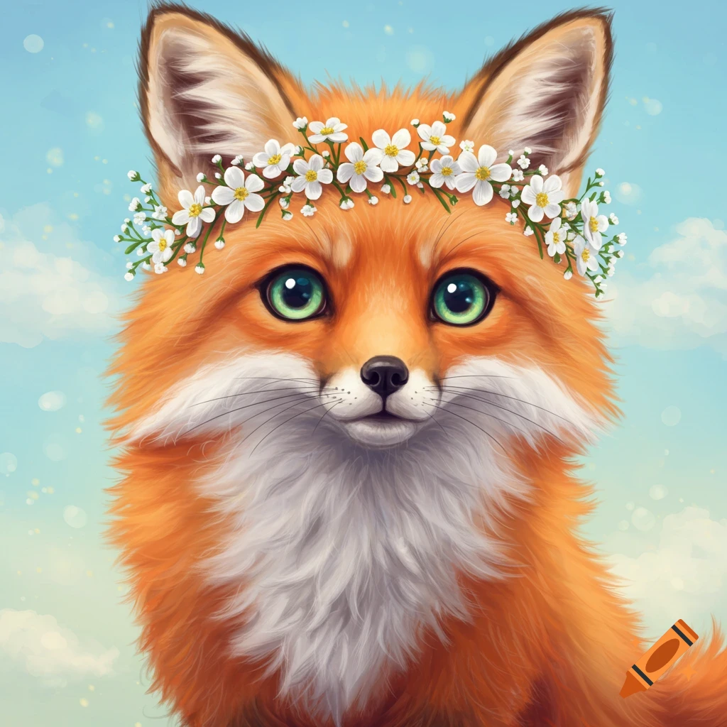 Cute fox portrait with green eyes wearing a white flower crown against a blue sky, digital painting.
