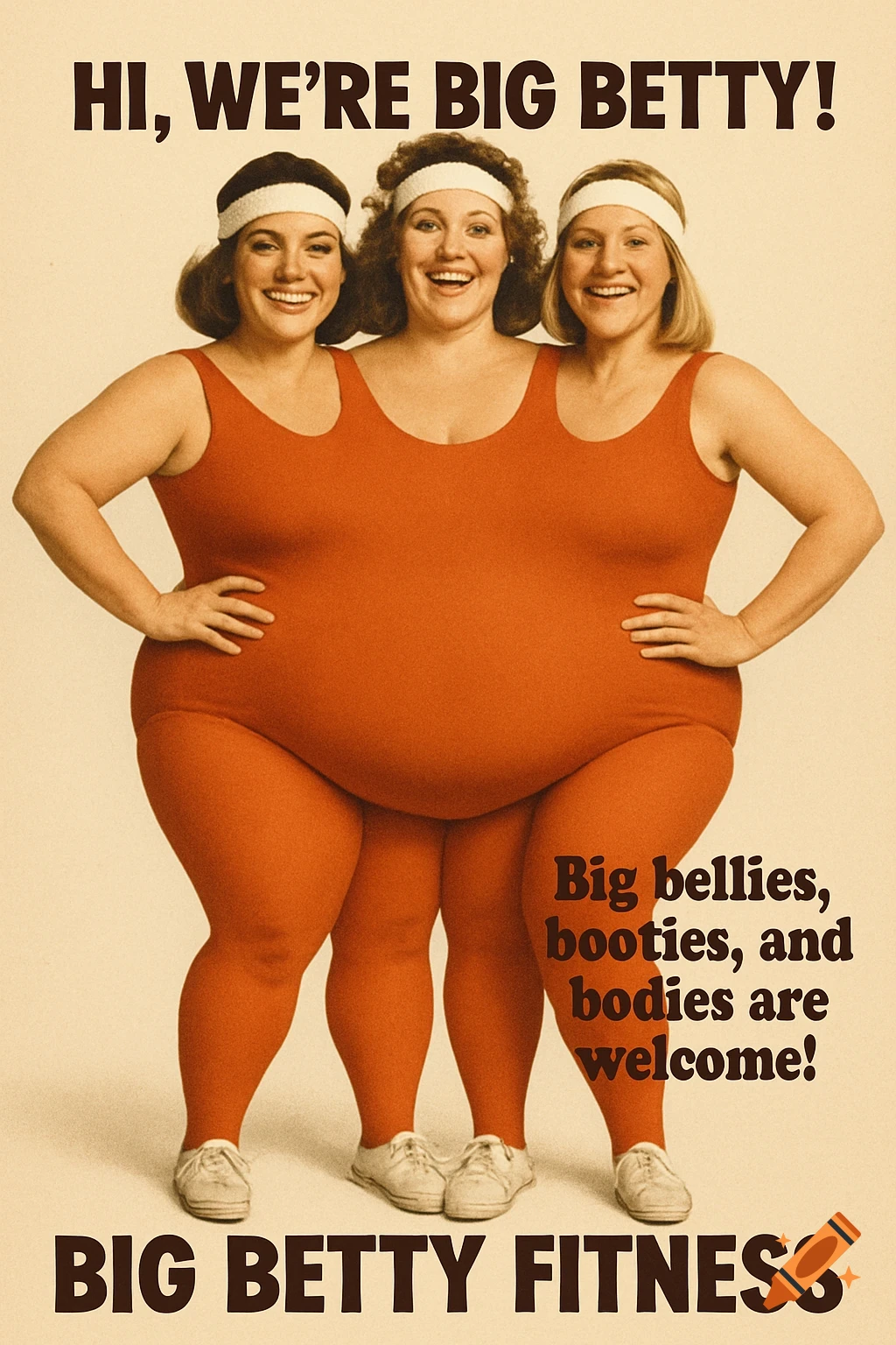 Retro poster for Big Betty Fitness showing three women merged into one large figure in an orange leotard. Text promotes body positivity.