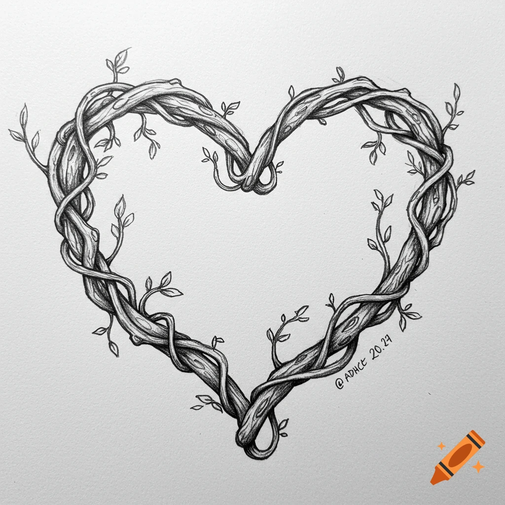 Pencil sketch of a heart formed by intertwined vines with small leaves.