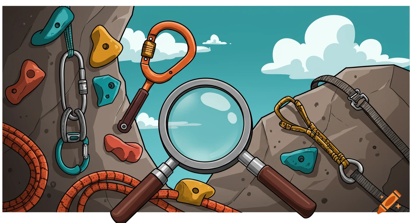 Cartoon illustration of climbing gear and a magnifying glass on a rock wall.