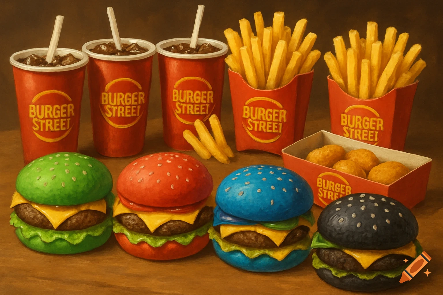 Fast food meal with colorful burgers, fries, drinks, and nuggets from Burger Street.