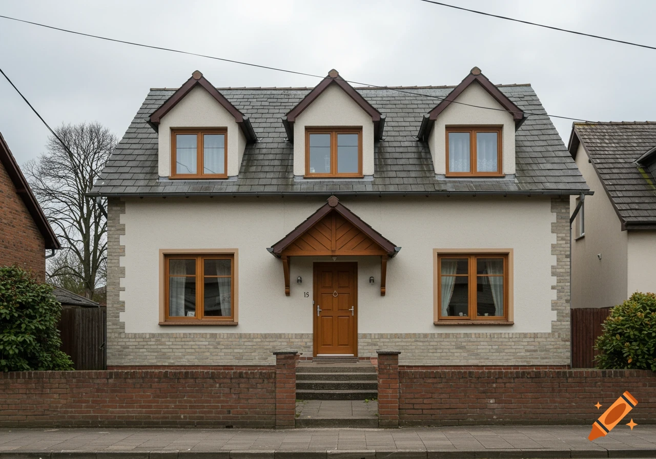 A photo of a 2-story house with dormer windows, soft white walls, brown trim, and a brick base.