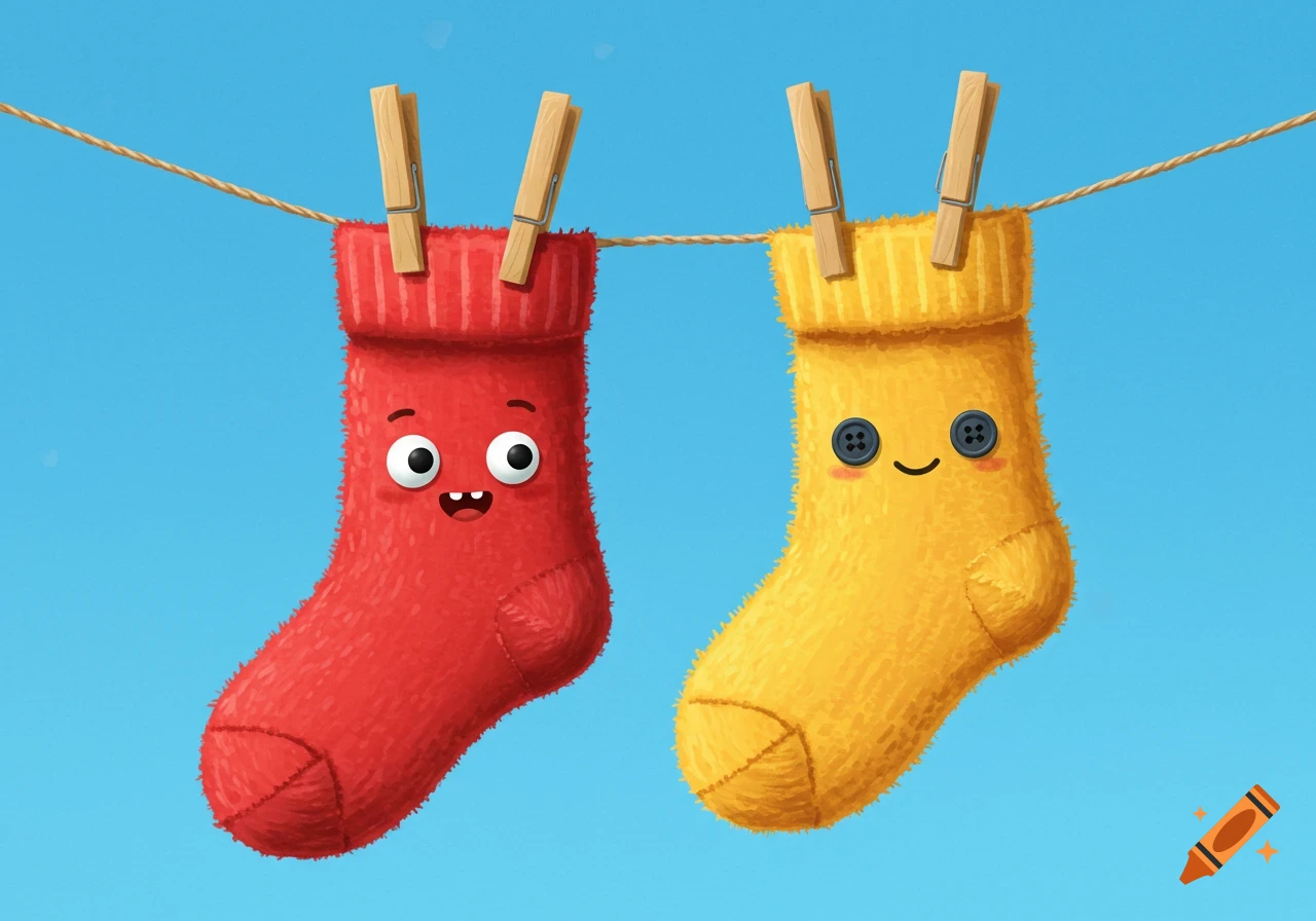 Two cartoon socks with faces hang on a washing line against a blue sky.