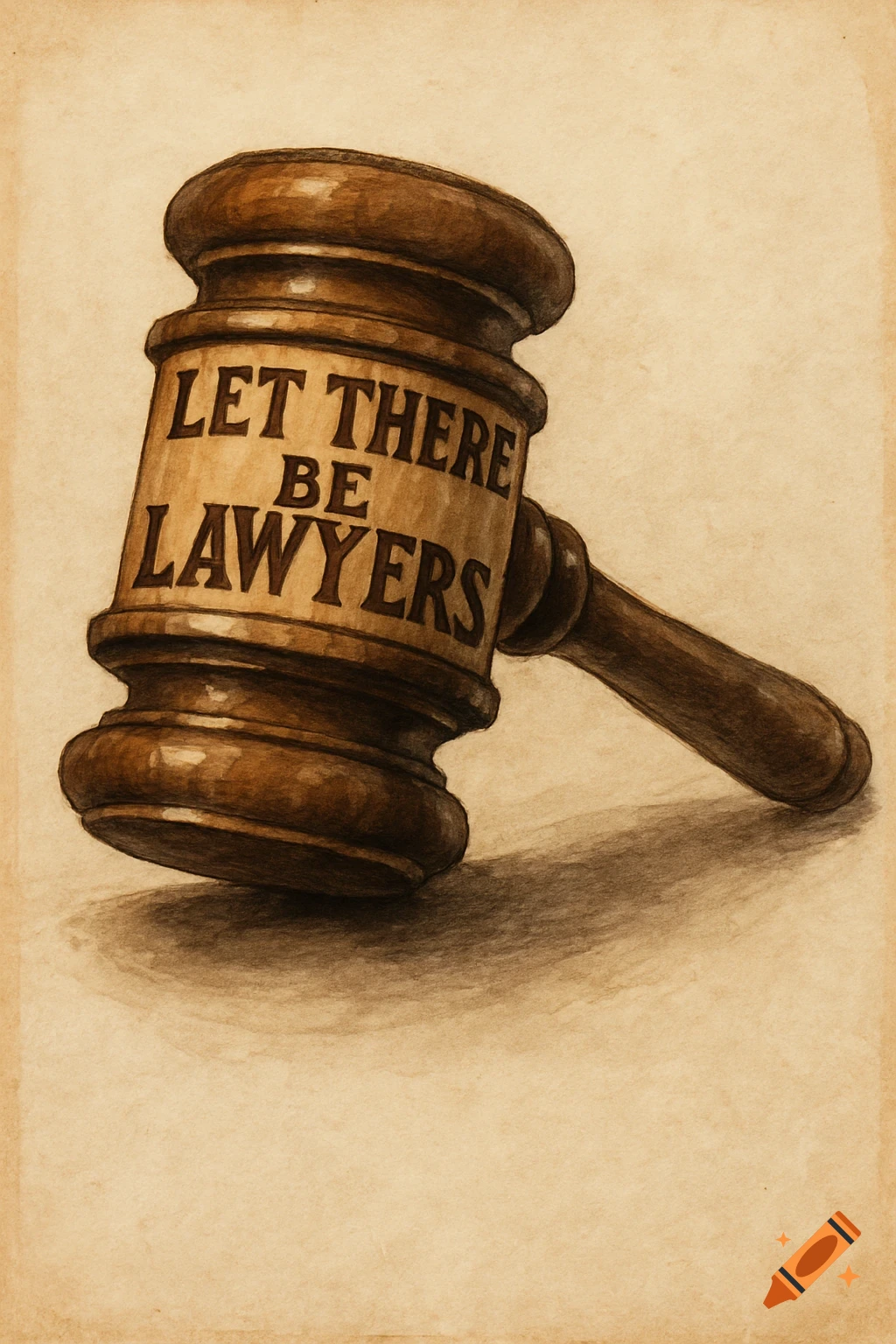 Illustration of a wooden gavel with 'LET THERE BE LAWYERS' inscribed on it.