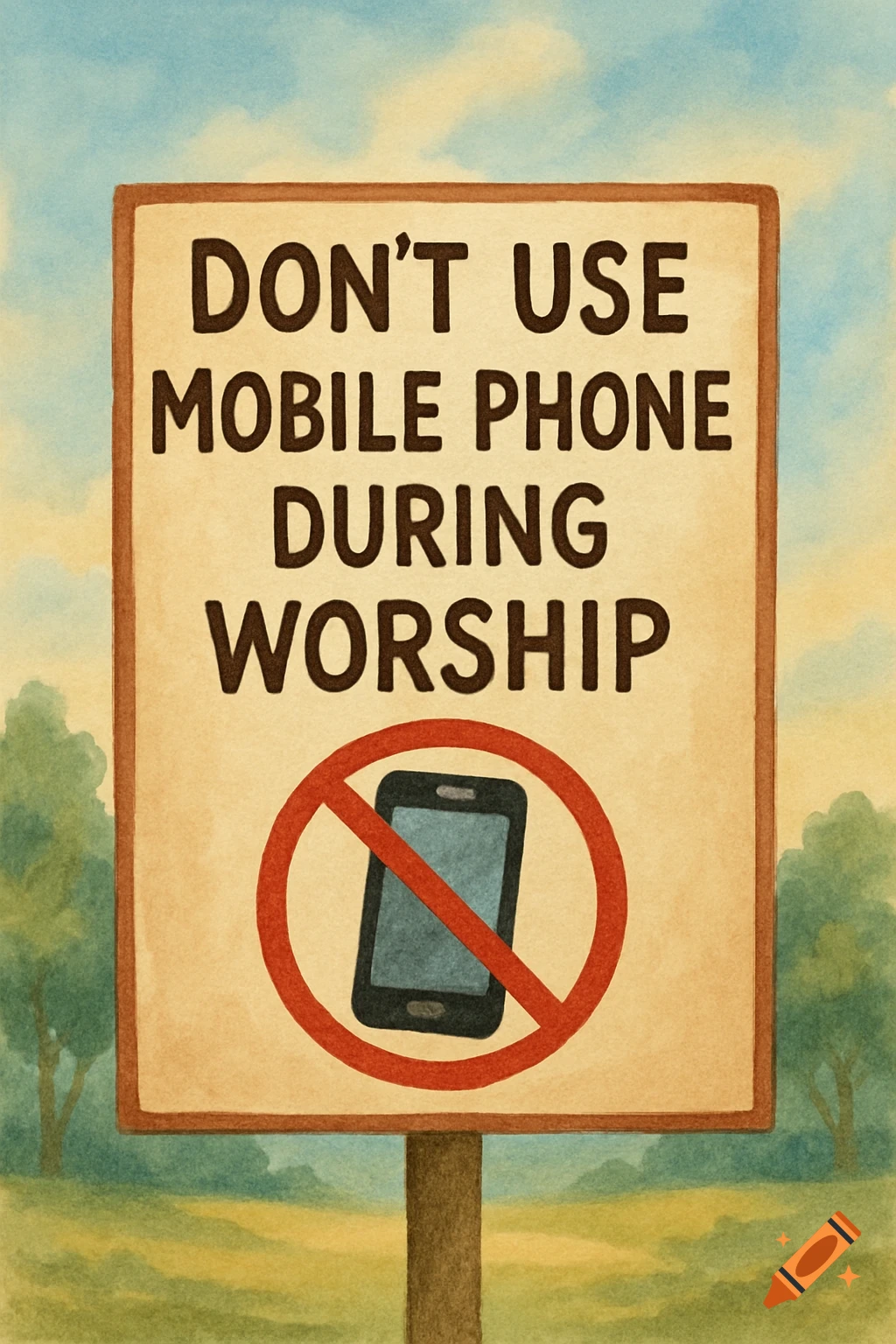 Illustration of a sign reading 'Don't use mobile phone during Worship' in a field.