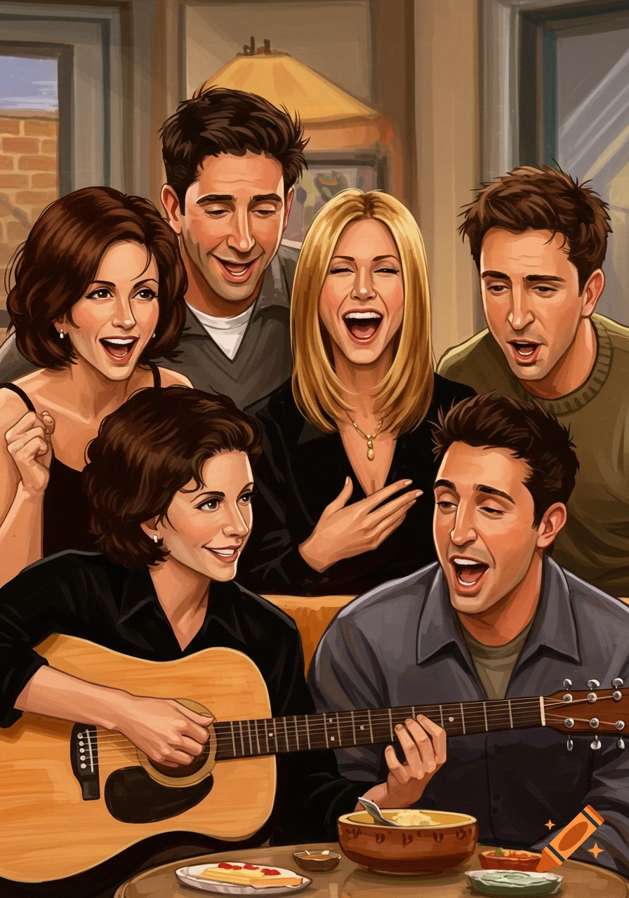 Illustration of a group of friends together, with one playing a guitar.