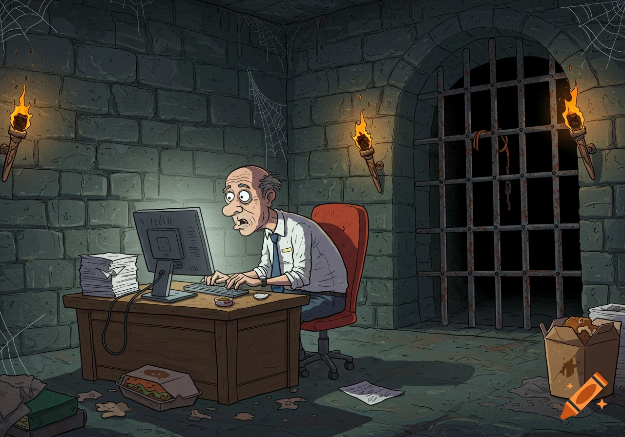 Cartoon office worker looking stressed while typing on a computer at a desk in a dark dungeon.