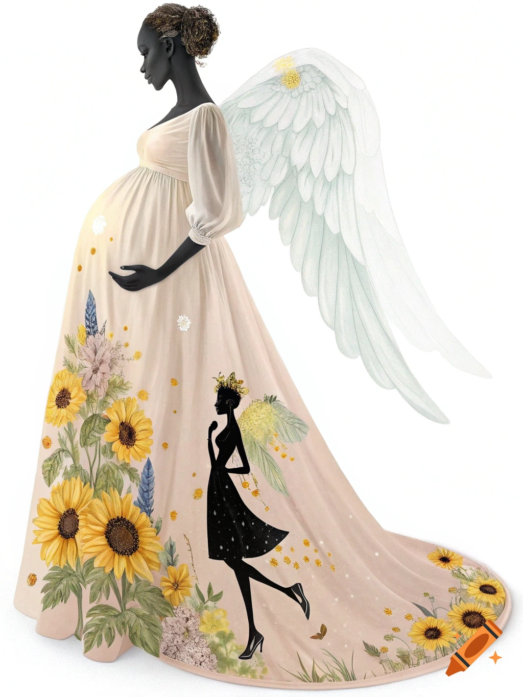 An angelic pregnant woman in a flowing dress with sunflowers and a silhouette on the skirt.