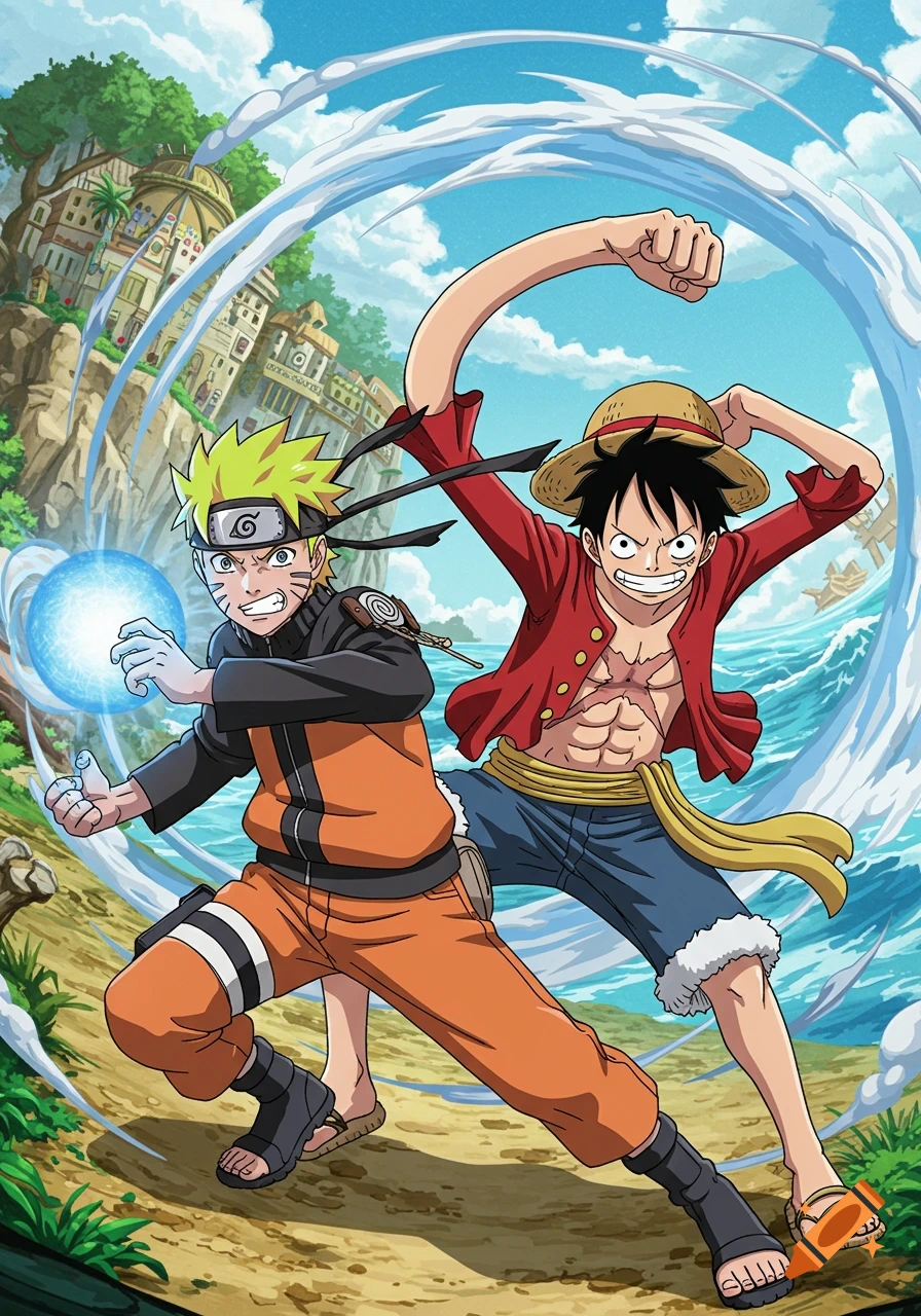 Anime style depiction of Naruto using Rasengan and Luffy preparing an attack on a beach with a city in the background.