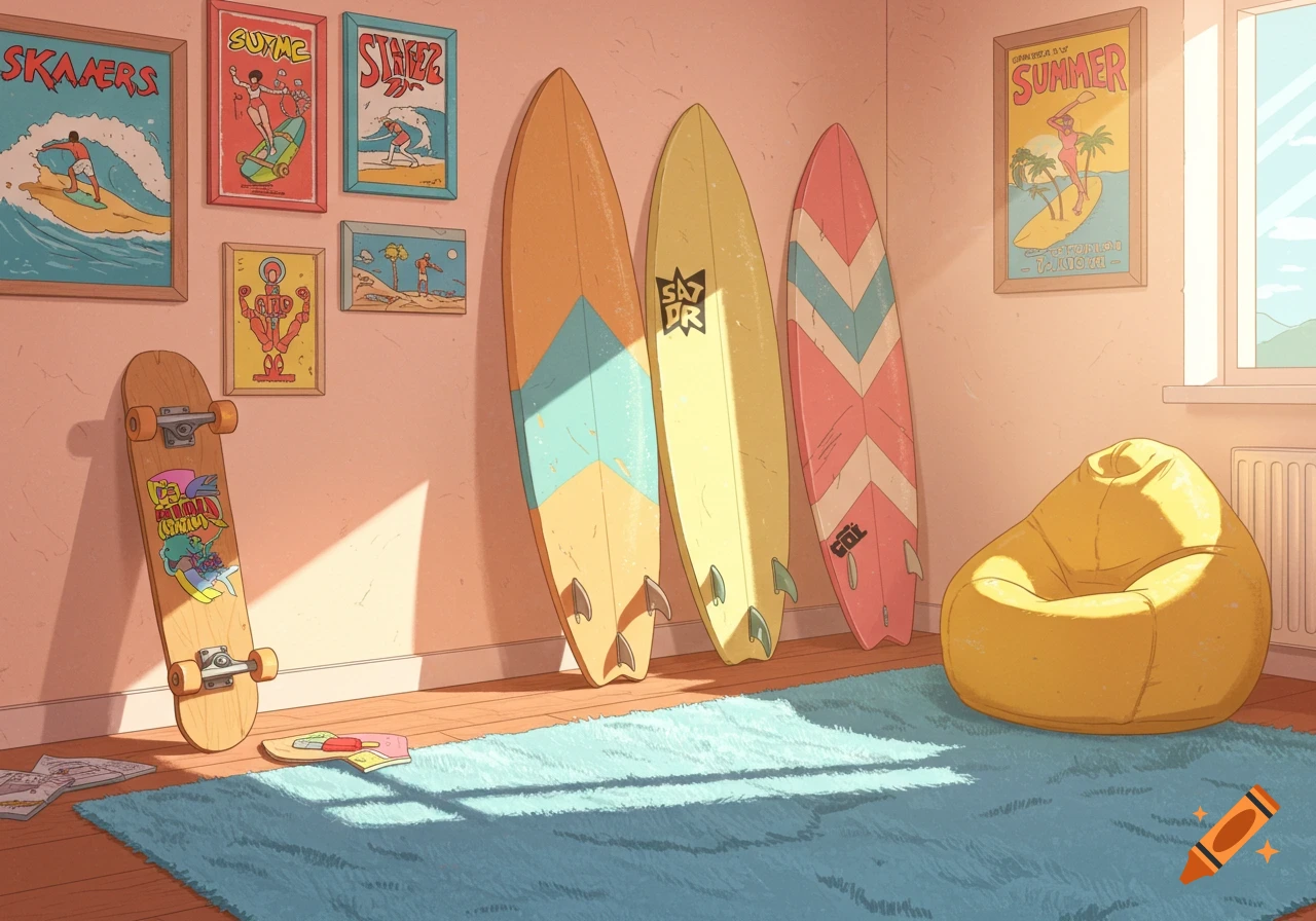 Illustrative view of a sunny room with surfboards, a skateboard, posters, and a beanbag chair leaning against a wall.