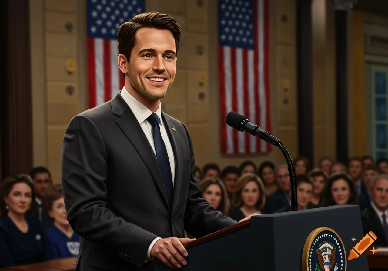 Man in suit giving a speech at a podium in front of an audience and American flags