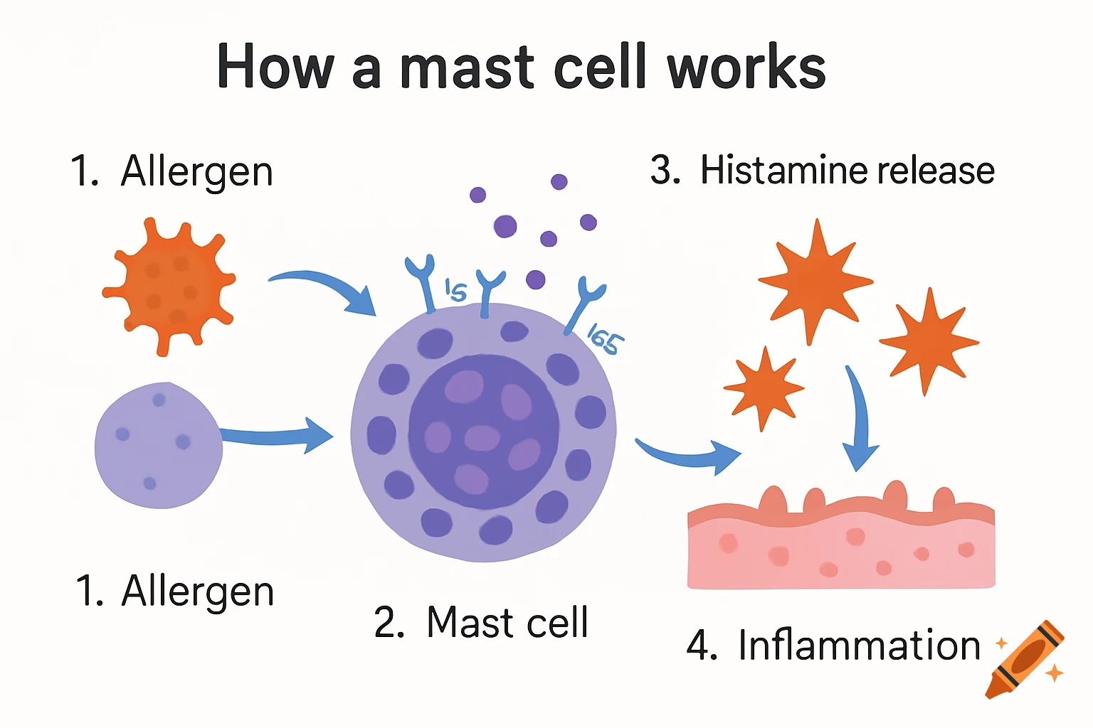 Diagram illustrating how a mast cell works, showing allergen binding to the mast cell, histamine release, and resulting inflammation.