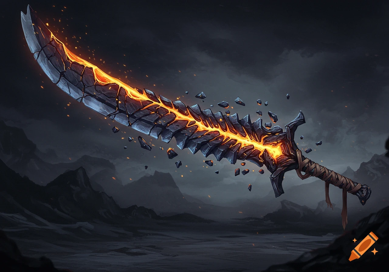 A large curved jagged sword with molten glowing veins, floating amidst dark rocks and mountains under a cloudy sky.
