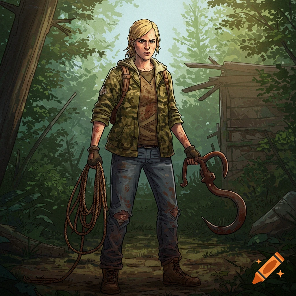 A blonde character in survival gear holds a rope and hook in a forest with a ruined structure.