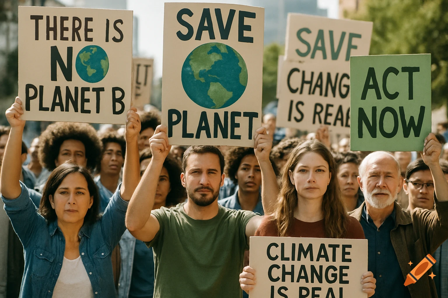 Crowd of people holding signs at a climate change protest.