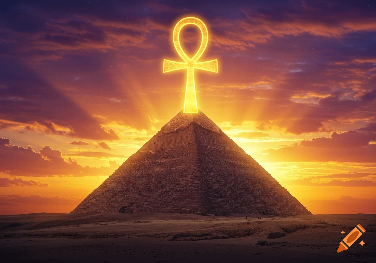 A giant glowing Ankh symbol sits atop an Egyptian pyramid at sunset. on  Craiyon, image size:1280x896