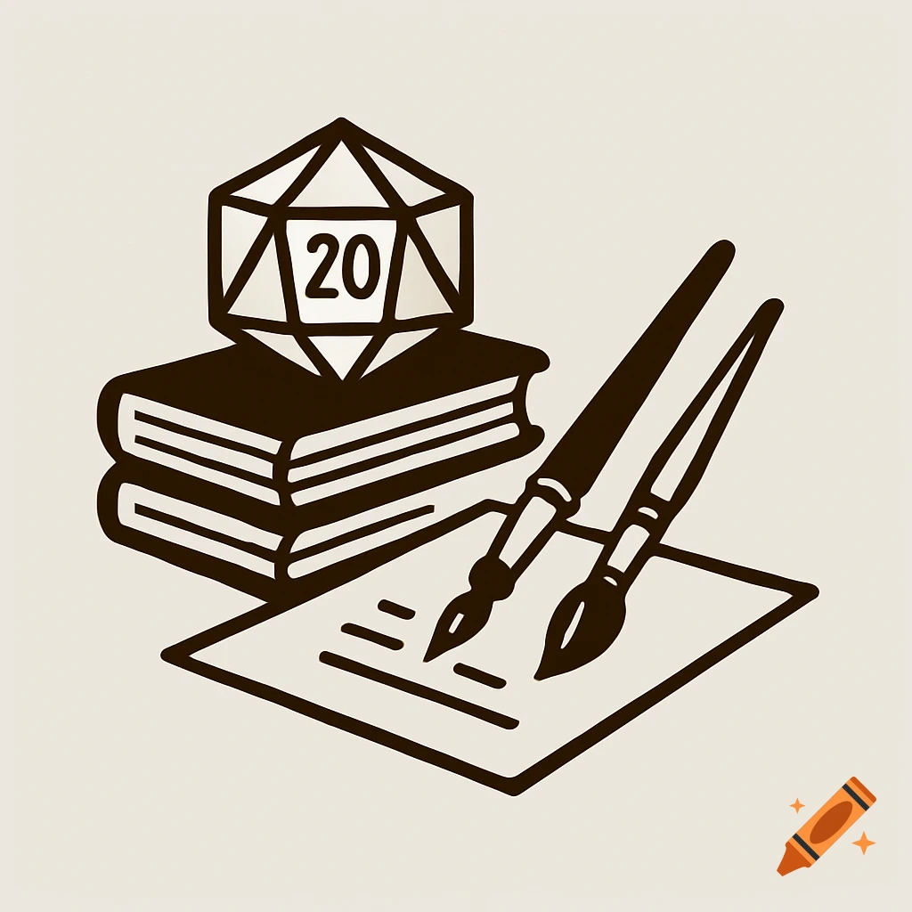 Simple illustration of a 20-sided die on books with a pen and paintbrush on paper.