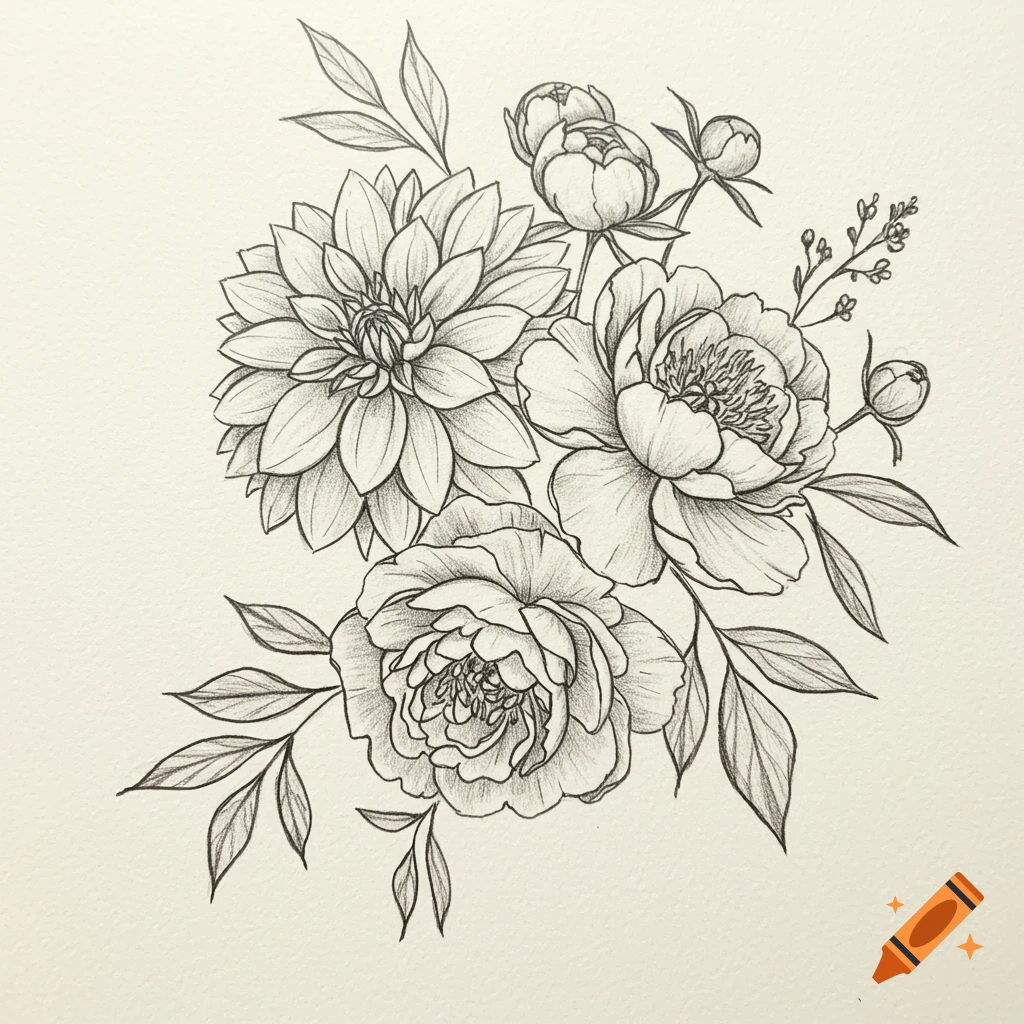 Sketch of dahlias and peonies.