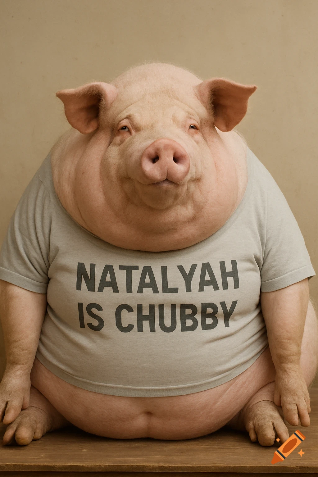 Photorealistic image of a very fat pig wearing a t-shirt that says 'NATALYAH IS CHUBBY'.