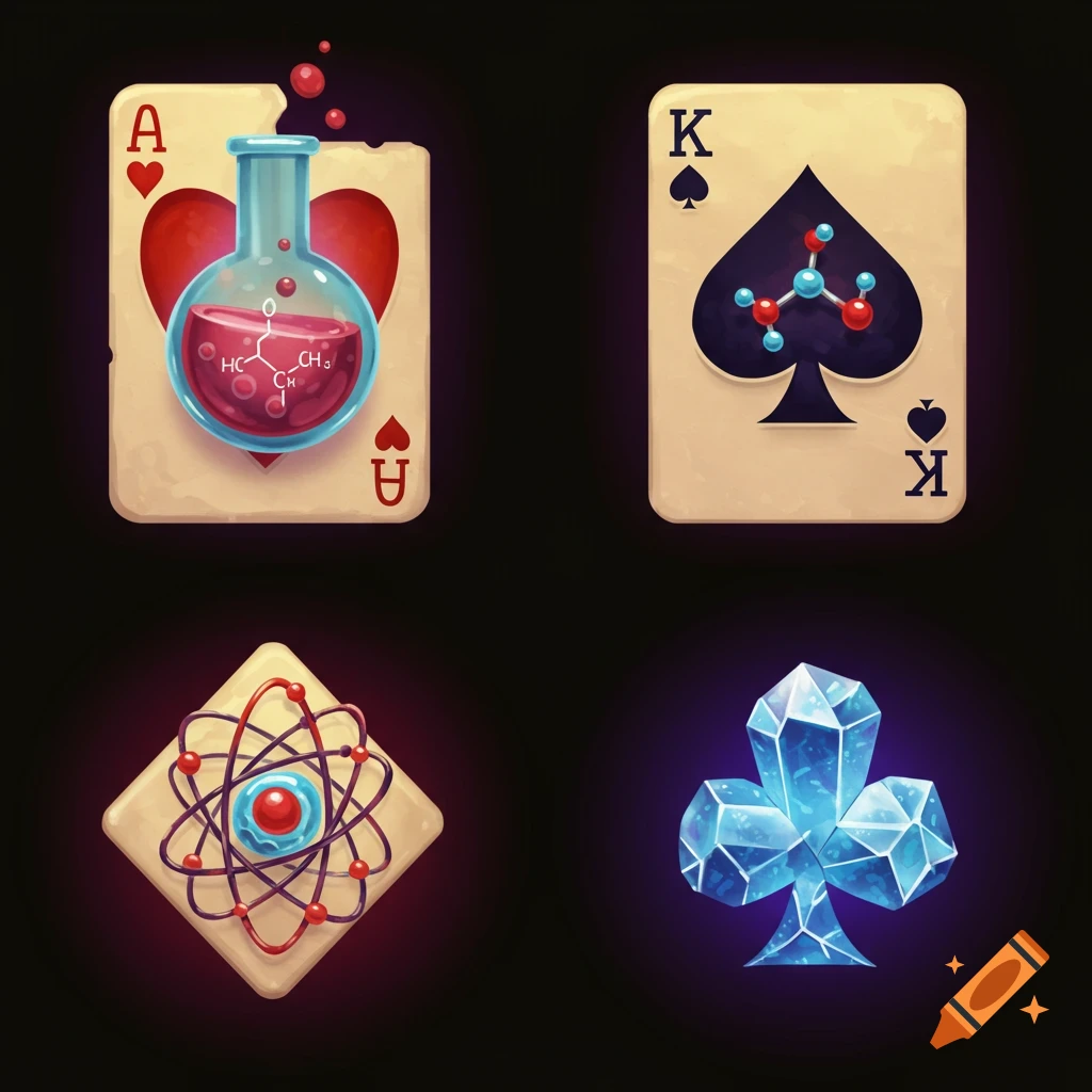 Four icons blending chemistry and poker: Ace of Hearts with beaker, King of Spades with molecule, atom, and crystal club.