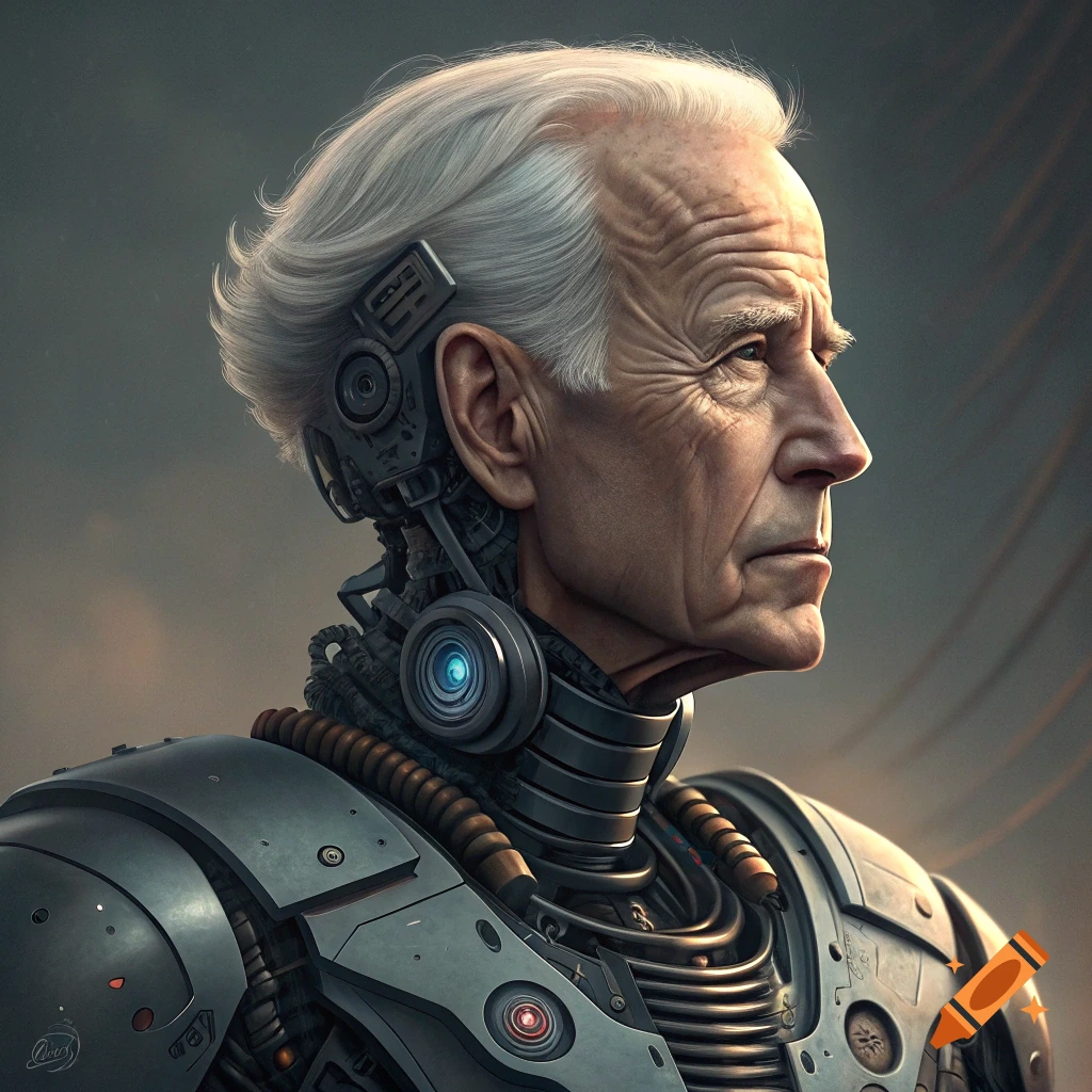 Profile portrait of a man resembling Joe Biden depicted as a detailed science fiction cyborg
